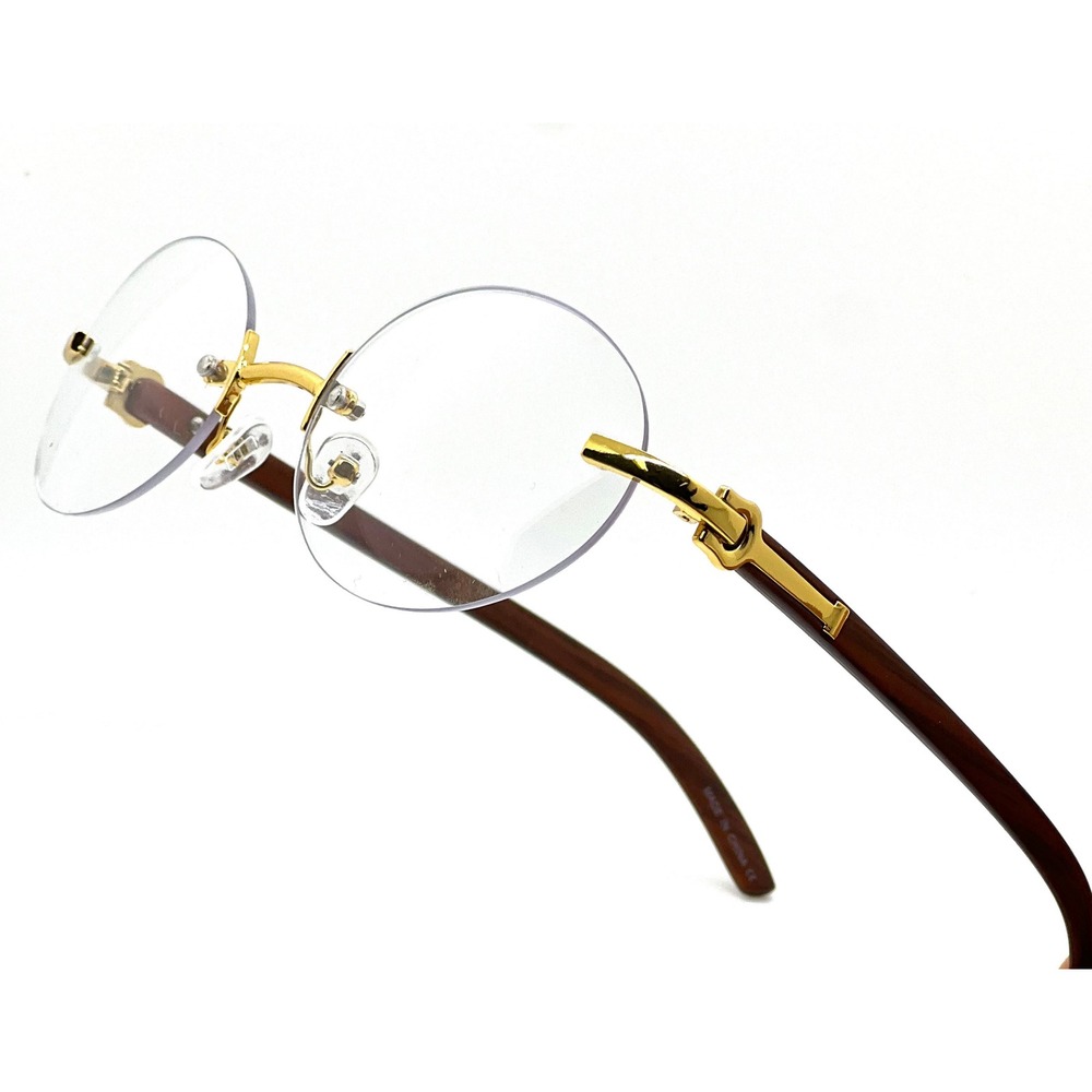 Rimless Oval Eyeglasses Gold Accents Wood Grain Arms Men's Glasses Hip Hop Gafas